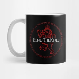 Bend the knee for Jesus, from Philippians 2, red and white text Mug